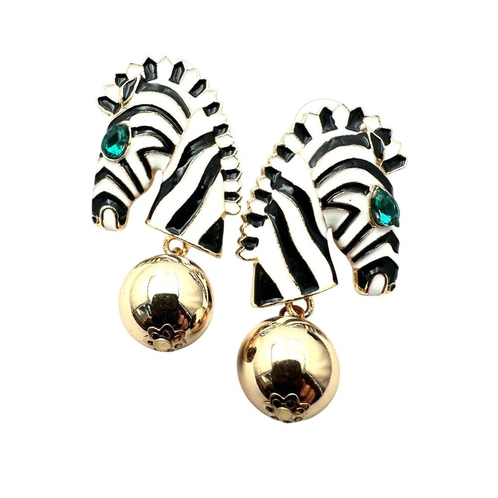 Womens Earrings Pierced Zebra Black White Enamel Green Rhinestone